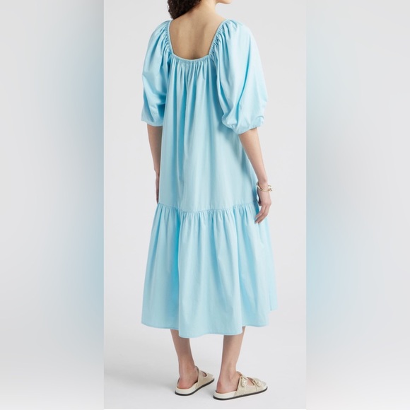 NORDSTROM SQUARE NECK PUFF SLEEVE COTTON MIDI DRESS WOMENS BLUE COLOR SIZE S/M - Picture 3 of 10